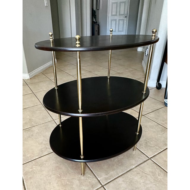 English Campaign Style Oval Wood & Brass 3-Tier Side Table For Sale - Image 10 of 18