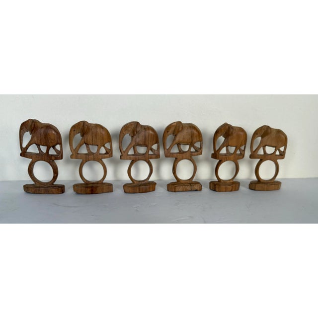 Late 20th Century Late 20th Century Hand Carved Wood Elephant Safari Napkin Rings—Boho Kitchen Made in Africa- Set of Six For Sale - Image 5 of 9