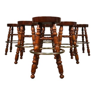 English Pub Style Solid Wood Bar Stool With Brass Foot Ring ~ 6-Available For Sale