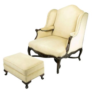 1940s Regence Wingback Chair an Ottoman in Camel Velvet For Sale