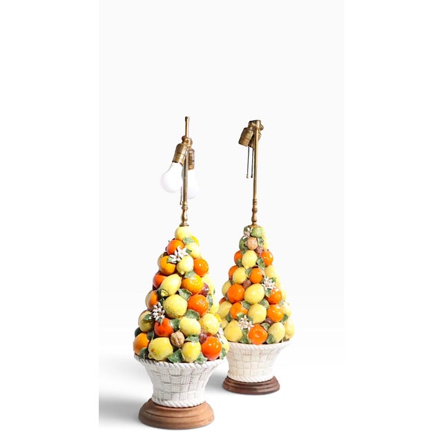 Orange Mid 20th Century Assembled Pair of Italian Majolica Fruit Lamps - a Pair For Sale - Image 8 of 18