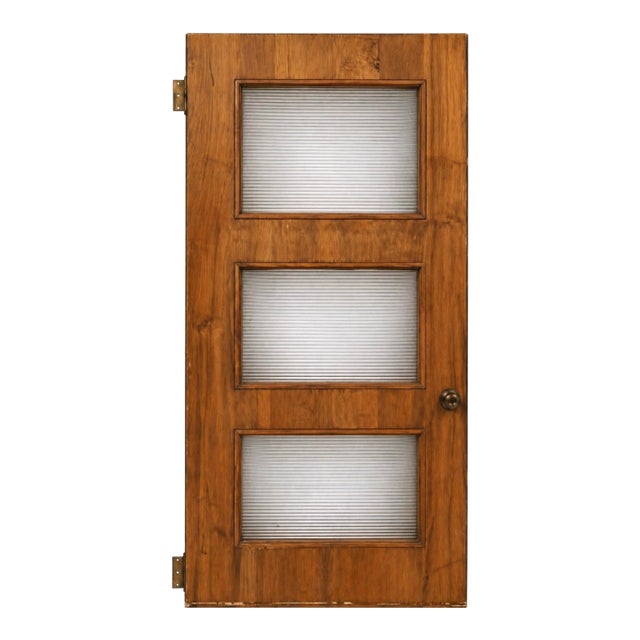 Mid-Century Paneled Wood Interior Door With Reeded Glass Inserts & Original Hardware For Sale