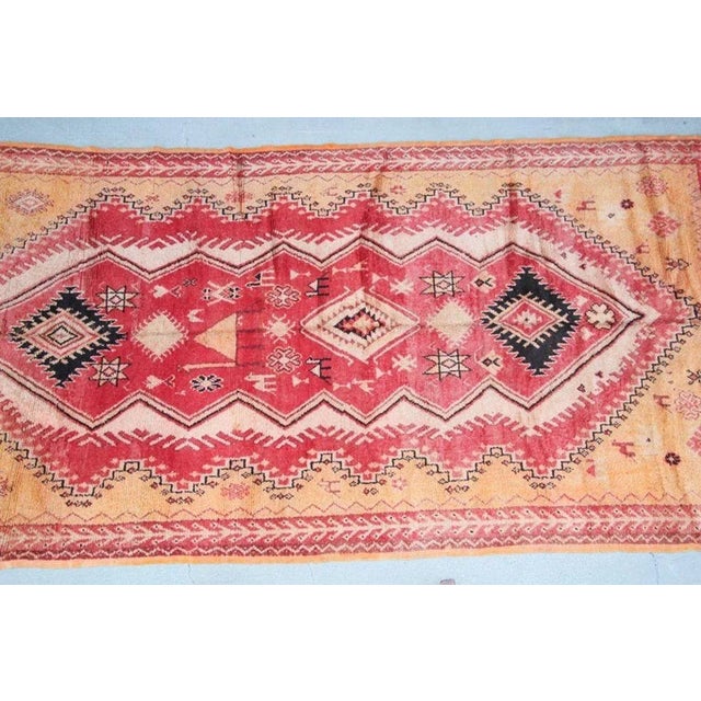 1960s Vintage Moroccan Berber Rug in Saffron, Coral and Black, 71 X 145 In, 1960s For Sale - Image 5 of 12
