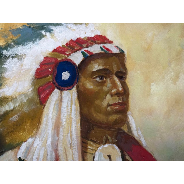 Large Vintage Original Apache Native Indian Chief Oil Painting Portrait / Canvas For Sale - Image 10 of 12