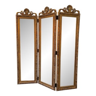 French-Style Mirrored Three-Panel Gilded Folding Screen For Sale