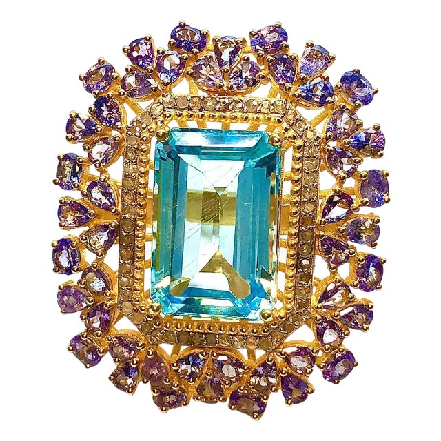 Bochic "Orient" Vintage Tanzanite, Topaz & Diamond Ring Set In 18K & Silver For Sale