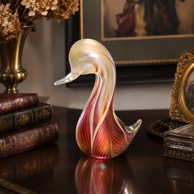 Mid-Century Modern Vintage Stuart Abelman Signed Iridescent Pink Pulled Feather Art Glass Swan For Sale - Image 3 of 6