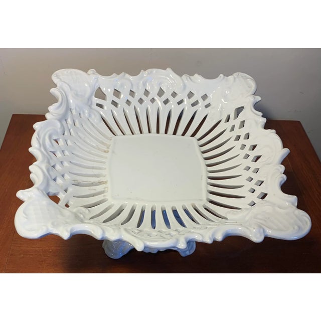 Italian Vintage Italian Majolica Pottery White Pierced Centerpiece Pedestal Compote For Sale - Image 3 of 8