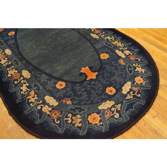 1920s Blue Floral Oval Antique Chinese Peking Carpet 4' X 6'8" Handknotted Wool Rug For Sale In New York - Image 6 of 6