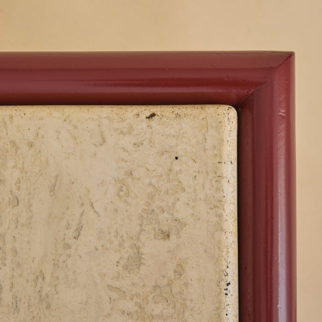Mid-Century Modern Italian Red Lacquered Wood + Travertine Coffee Table, 1970s For Sale - Image 3 of 12