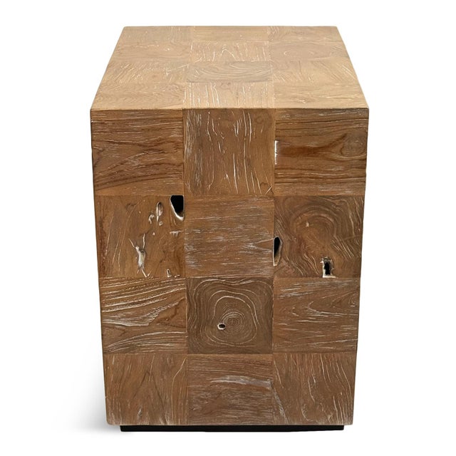 Contemporary Washed Teak Cube Side Table For Sale - Image 3 of 11