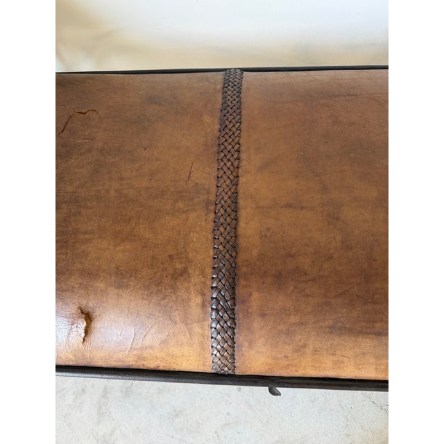 Vintage Rustic Wrought Iron & Leather Scroll Bench For Sale - Image 11 of 12