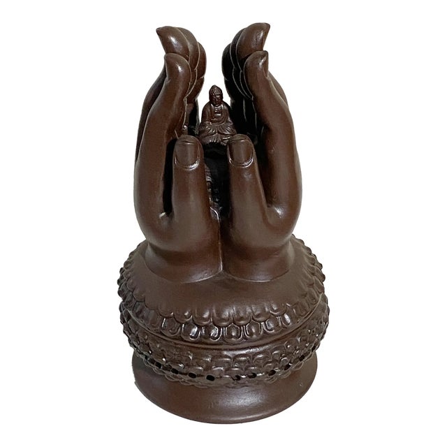 Superb large Ceramic lidded praying hands Buddha incense burner with lotus flower base. Marked on underside with sanskrit...
