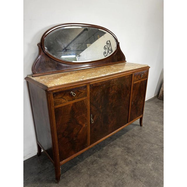 Art Nouveau Buffet in Burr Walnut with Marble Top and Oval Mirror, 1890s For Sale - Image 4 of 12