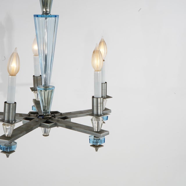 Chrome Art Deco Mid Century Modern Chrome & Aqua Blue Glass Five-Light Chandelier C1950 For Sale - Image 8 of 9