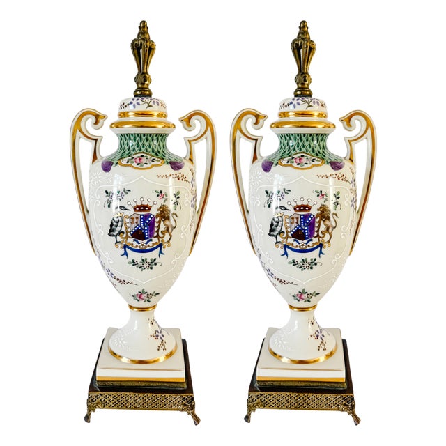 Antique 19th Century Edmé Samson Hand-Painted Armorial Urns With Gilt Bronze Mounts - Pair For Sale