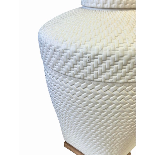 White Coastal White Ralph Lauren Ceramic Woven Rope Texture Lamps With Chrome Finials - A Pair For Sale - Image 8 of 12