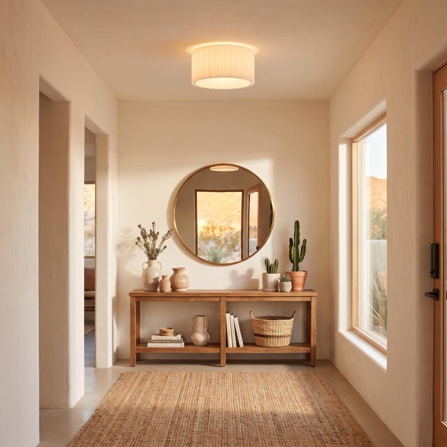 Scallop 19 Inch Flush Mount White Pleated Drum Ceiling Light - White Linen with Nickel or Weathered Brass for Entryway...