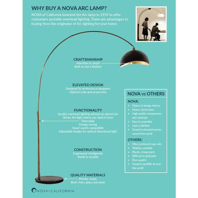 Original 1962 Triplet 3 Light Arc Floor Lamp - Satin Nickel, Black Marble Base, Dimmer Switch For Sale - Image 9 of 13