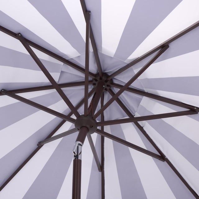 2020s Meze 9 Ft Crank Umbrella, Navy Cabana Stripe/Brown Pole For Sale - Image 5 of 9