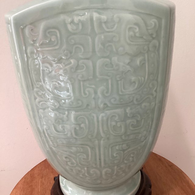 Asian Antique Antique Big & Heavy Celadon Glazed Crackle Porcelain Double Ear Vase Marked With Stand For Sale - Image 3 of 12