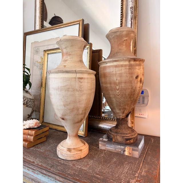 Rustic Pair of Wood Turned Urns For Sale - Image 3 of 3