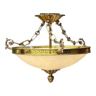 Vintage Metal and Glass Greek Key Pendant Light For Sale