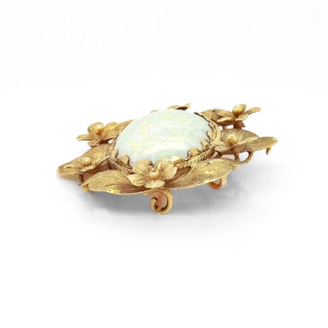Metal Vintage 14k Gold and Opal Cabochon Floral Brooch For Sale - Image 7 of 12