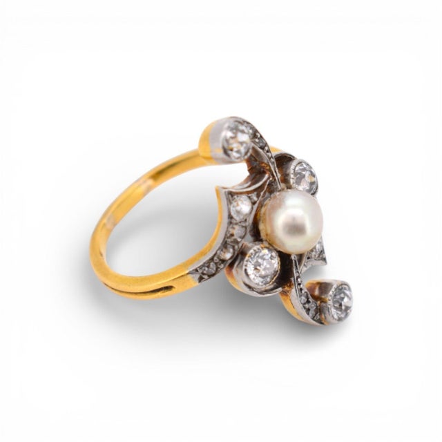 Antique 1910 Art Nouveau Pearl Ring - 18k Gold / Platinum, Size 7 For Sale - Image 6 of 7