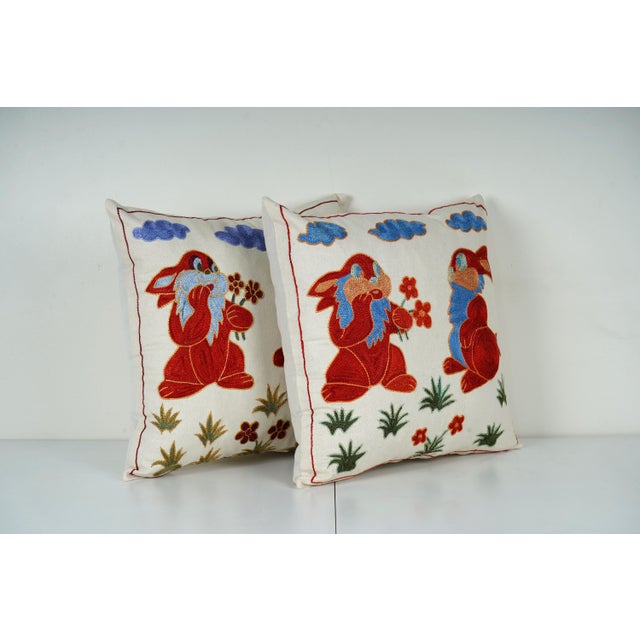 Mid-Century Modern Red Bunny Suzani Pillow Cover - A Pair For Sale - Image 3 of 6