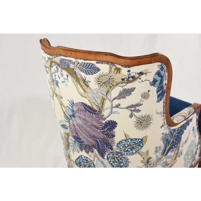 2020s Schumacher Linen Accent Chair on Restored Vintage Ethan Allen Camille Bergere With Sapphire Velvet For Sale - Image 5 of 14