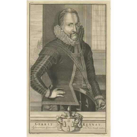 Valentijn, VOC Governor Gerrit Reynst: A Dutch Master of Colonial Trade, 1724, Engraving For Sale