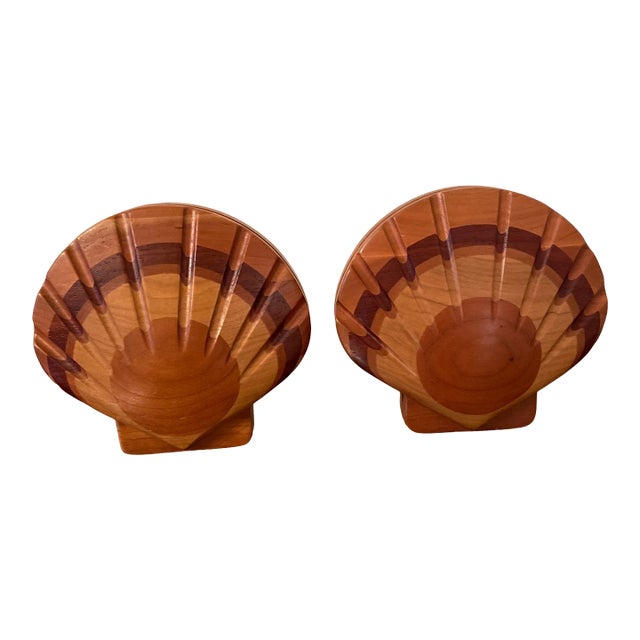 1970s Wood & Brass Italian Style Shell Bookends - a Pair For Sale
