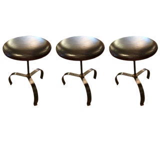 Industrial Chic Leather and Iron Swivel Stools -- Set of Three For Sale