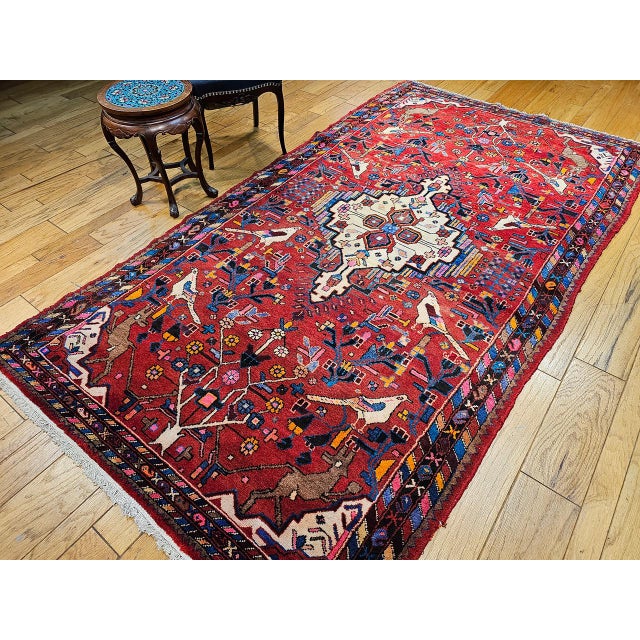Vintage Hamadan Gallery Area Rug, Hand-Knotted Wool, Tribal Bird Pattern, 6x10, Red & Navy For Sale - Image 9 of 18
