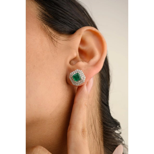 14k Gold Statement Emerald & Diamond Halo Earrings Wedding Gift- A Pair For Sale - Image 4 of 11