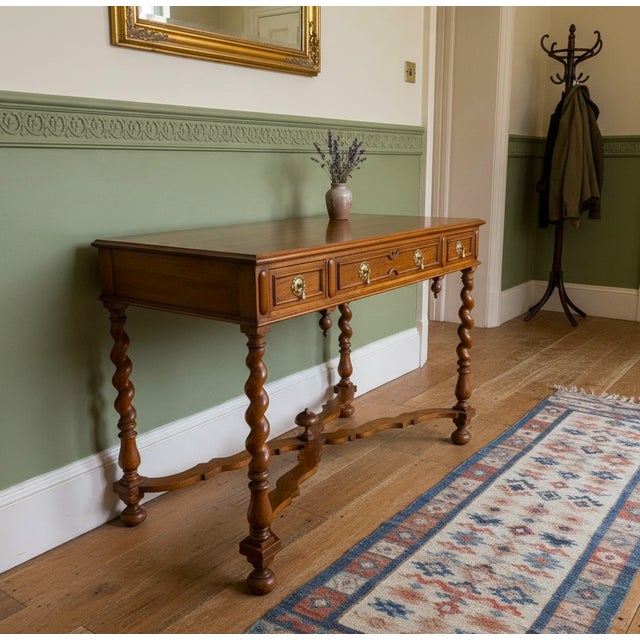 A very good walnut barley twist leg side, or lamp, table. with 3 drawers, all with solid oak drawer linings and fitted...
