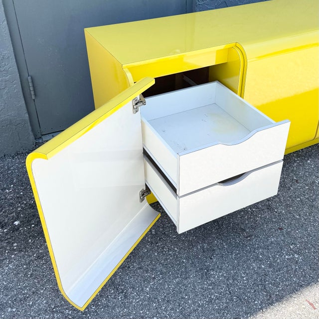 Yellow Postmodern Yellow Gloss Laminate Waterfall Dresser For Sale - Image 8 of 11