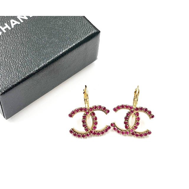 Contemporary Chanel Gold CC Fuchsia Crystal Lever Back Piercing Earrings, A Pair For Sale - Image 3 of 4