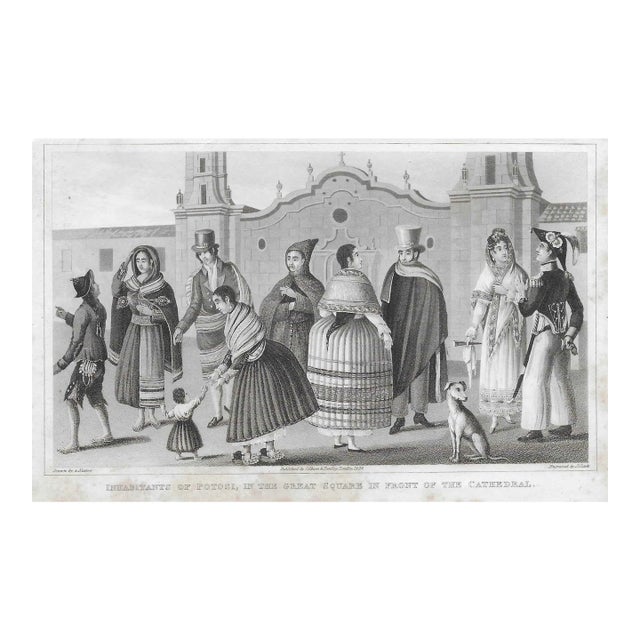 Antique 19th Century Bolivan Figural Engraving With Architecture For Sale