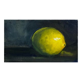 Vintage Traditional Dutch Sill Life ‘Lemon’ Small Original Oil Painting in Ink Blue, Yellow, Dark Green For Sale