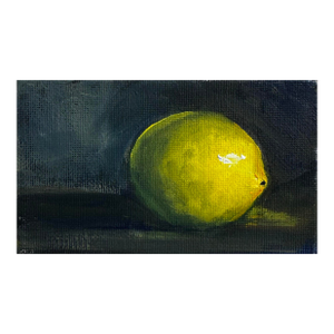 Vintage Traditional Dutch Sill Life ‘Lemon’ Small Original Oil Painting in Ink Blue, Yellow, Dark Green