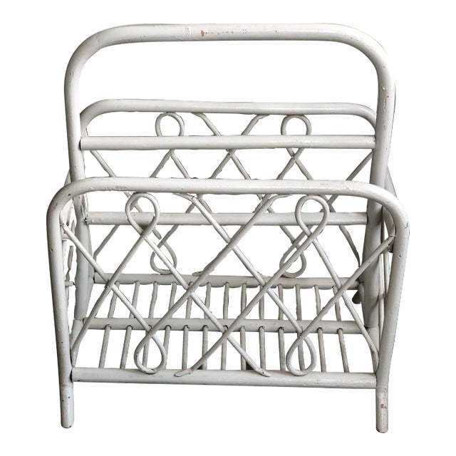 1960s Coastal Bent Bamboo Magazine Rack in White For Sale