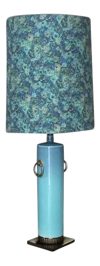 Vintage Mid Century Blue Turquoise Glassed Pottery Brass Base Table Lamp