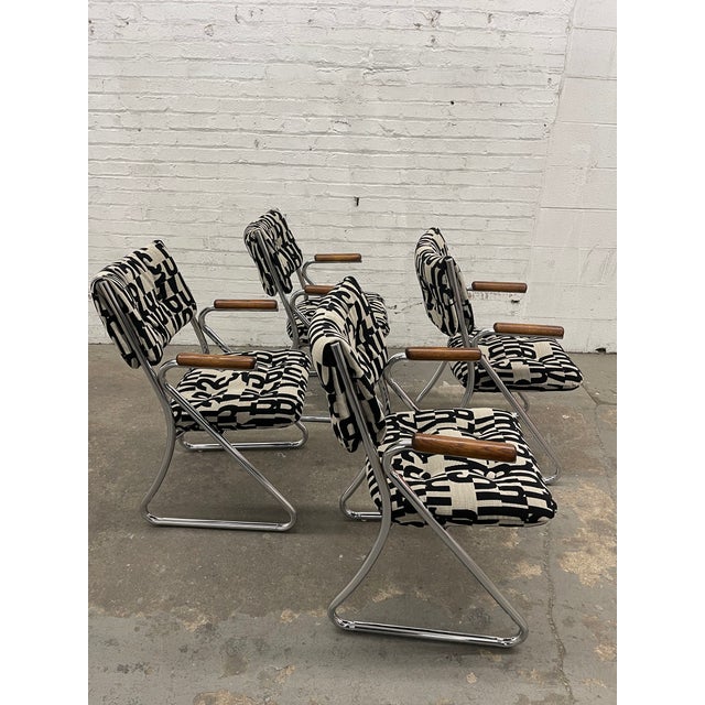 Mid-Century Modern Set of 4 Vintage 1970’s Daystrom Chrome Tubular Dining Chairs With Wooden Armrests For Sale - Image 3 of 14