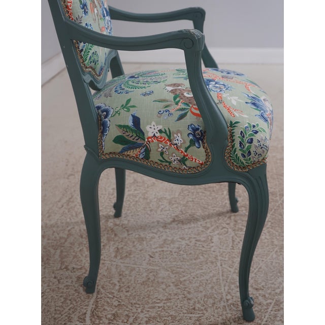 Textile Pair Petite French Greenish Blue Painted Armchairs For Sale - Image 7 of 18