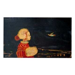 Monika Rossa, Girl with a Bird, Oil Painting, Framed For Sale