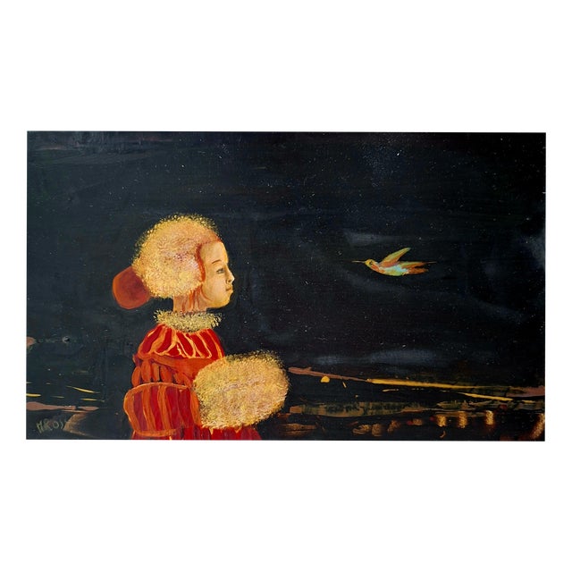 Monika Rossa, Girl with a Bird, Oil Painting, Framed For Sale