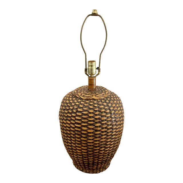 Vintage Painted Woven Bamboo Basket Plaster Lamp For Sale