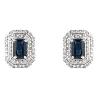 1.46ct Blue Sapphire & Diamond Double Halo Art Deco Earrings in 14k Gold- A Pair For Sale